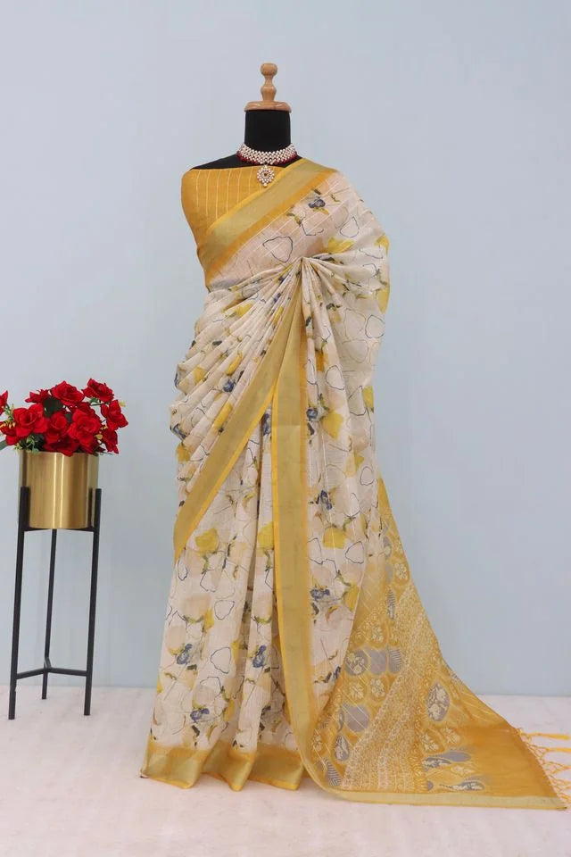 Linen Digital Print Yellow Saree With Unstiched Blouse Piece-MPHL-90-YELLOW