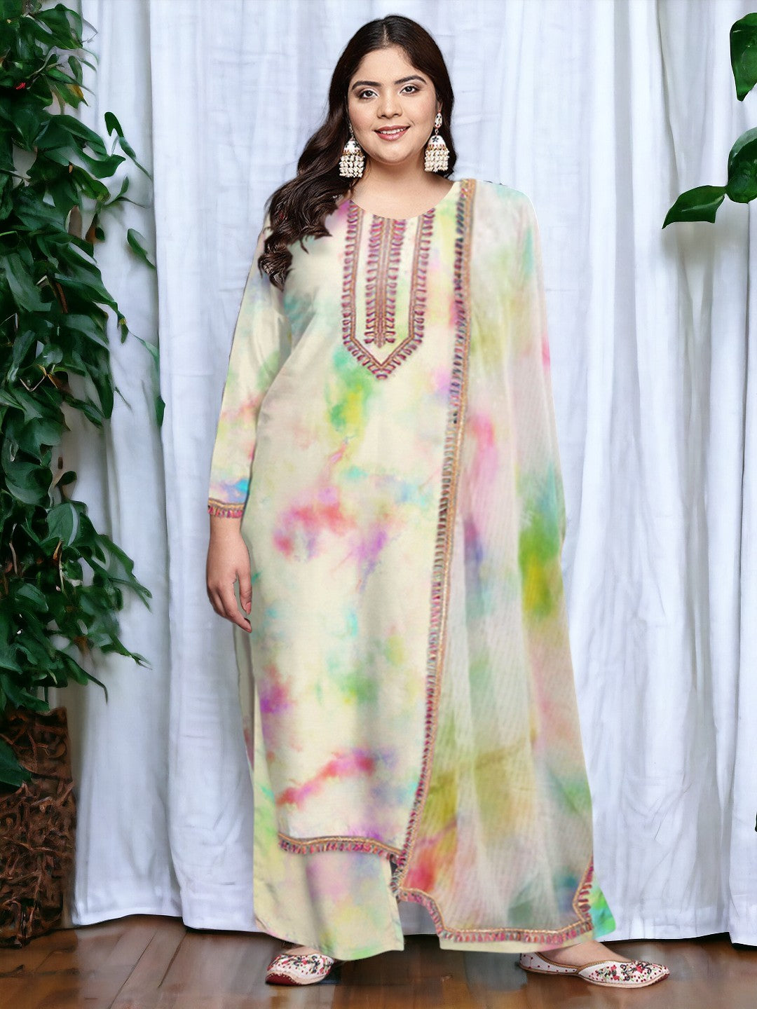 Plus Size Tie Dye Kurta and Palazzo Set with Dupatta