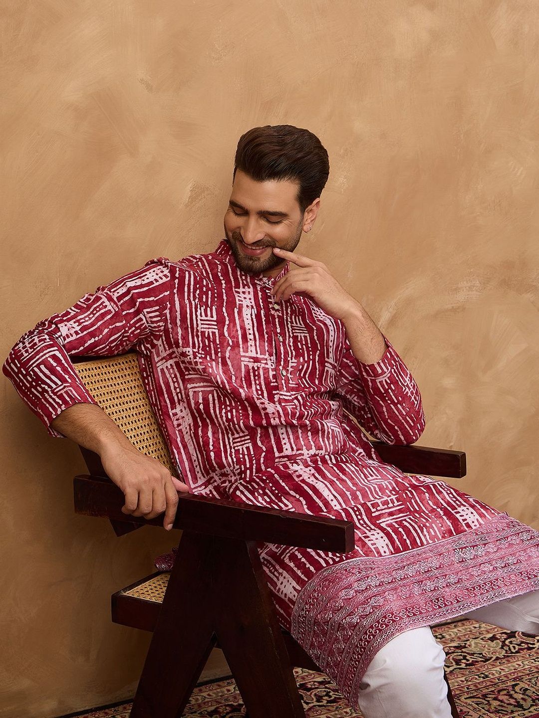 Ethnic Bay Men Red Viscose Rayon Batik Embroidered Straight Kurta With Pant Set-MKSET1499