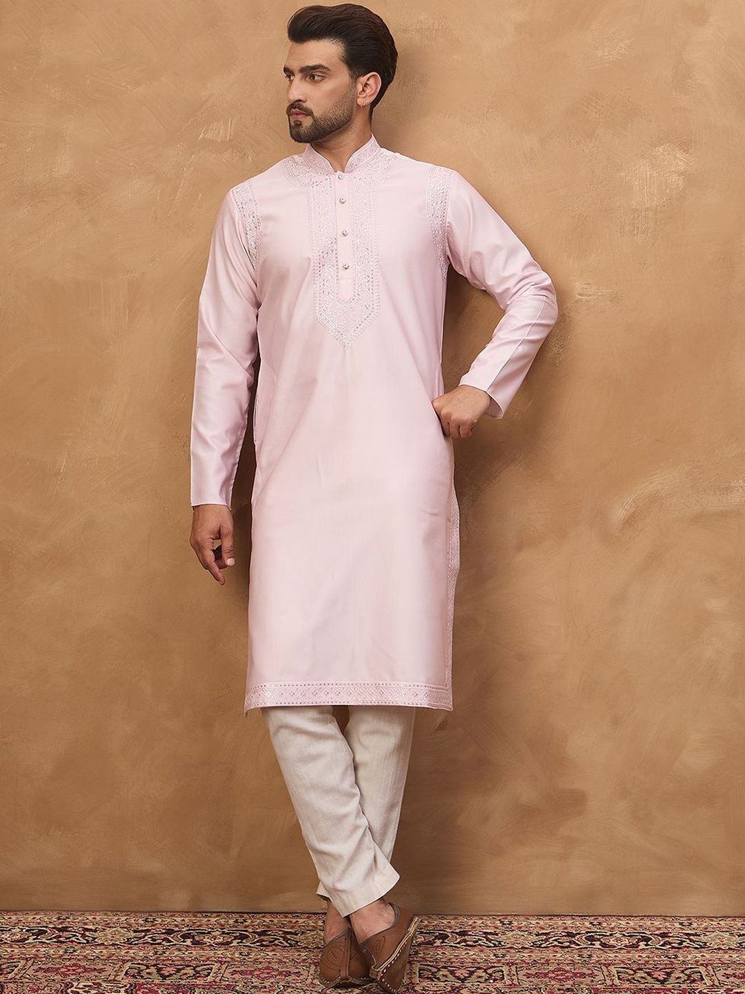 Ethnic Bay Men Pink Silk Blend Solid Embroidered Straight Kurta With Pant Set-MKSET1512