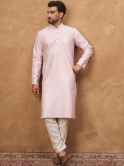 Ethnic Bay Men Pink Silk Blend Solid Embroidered Straight Kurta With Pant Set-MKSET1512