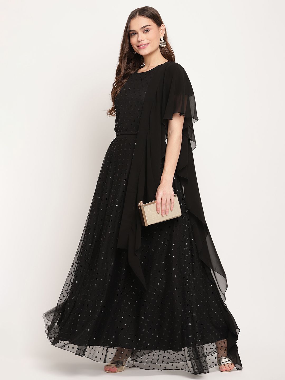 Black Net Glitter Print Top Skirt Set with Dupatta - Lehenga C...
