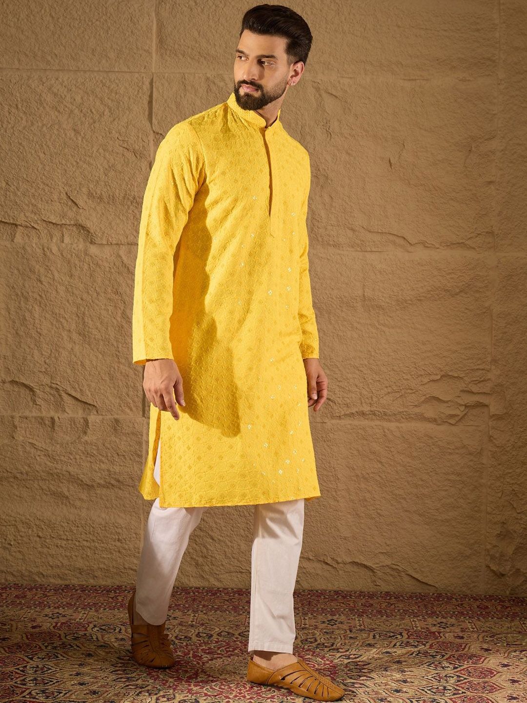 Ethnic Bay Men Yellow Viscose Rayon Solid Embroidered Straight Kurta With Pant Set-MKSET1222