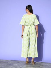 Green Printed Pure Cotton Waist Tie-Ups Jumpsuit-AHJSCOKH-56