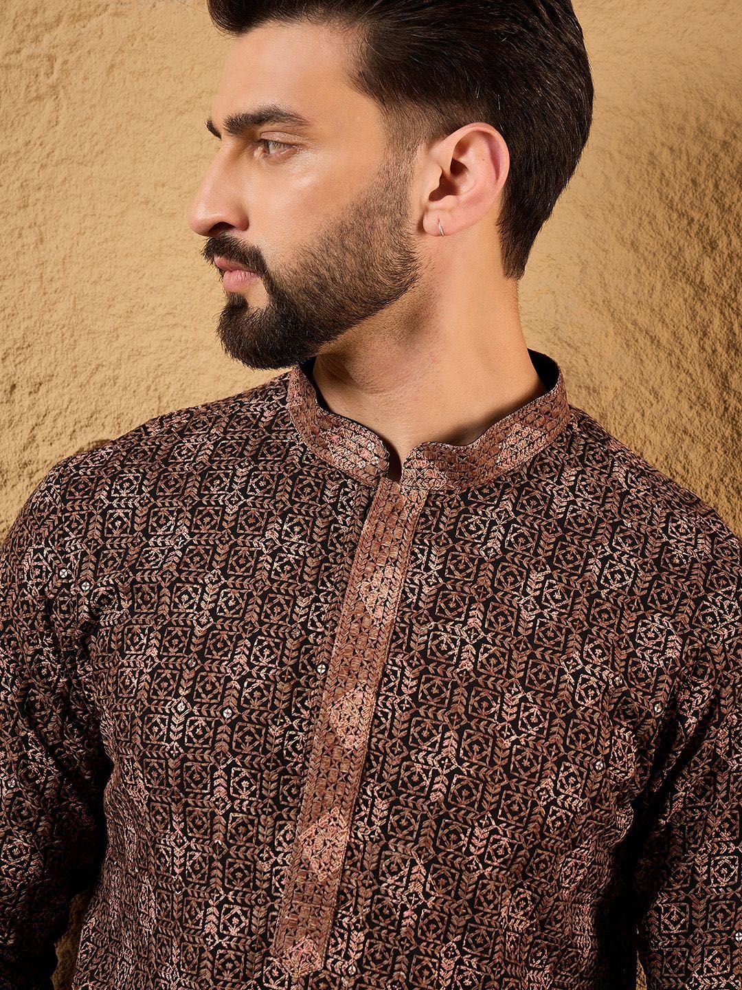 Ethnic Bay Mens Brown Viscose Rayon Ethnic Motifs Embroidered Chikankari Straight Kurta With Pant Set-MKSET1164
