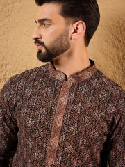 Ethnic Bay Mens Brown Viscose Rayon Ethnic Motifs Embroidered Chikankari Straight Kurta With Pant Set-MKSET1164