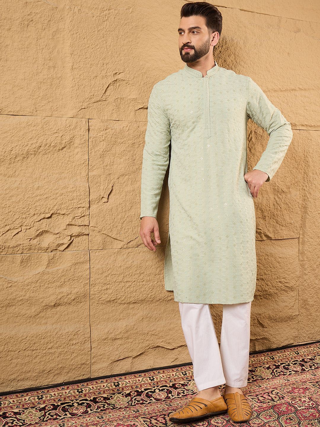 Ethnic Bay Men Green Rayon Blend Solid Embroidered Straight Kurta With Pant Set-MKSET1231