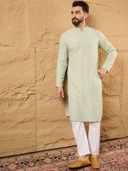 Ethnic Bay Men Green Rayon Blend Solid Embroidered Straight Kurta With Pant Set-MKSET1231