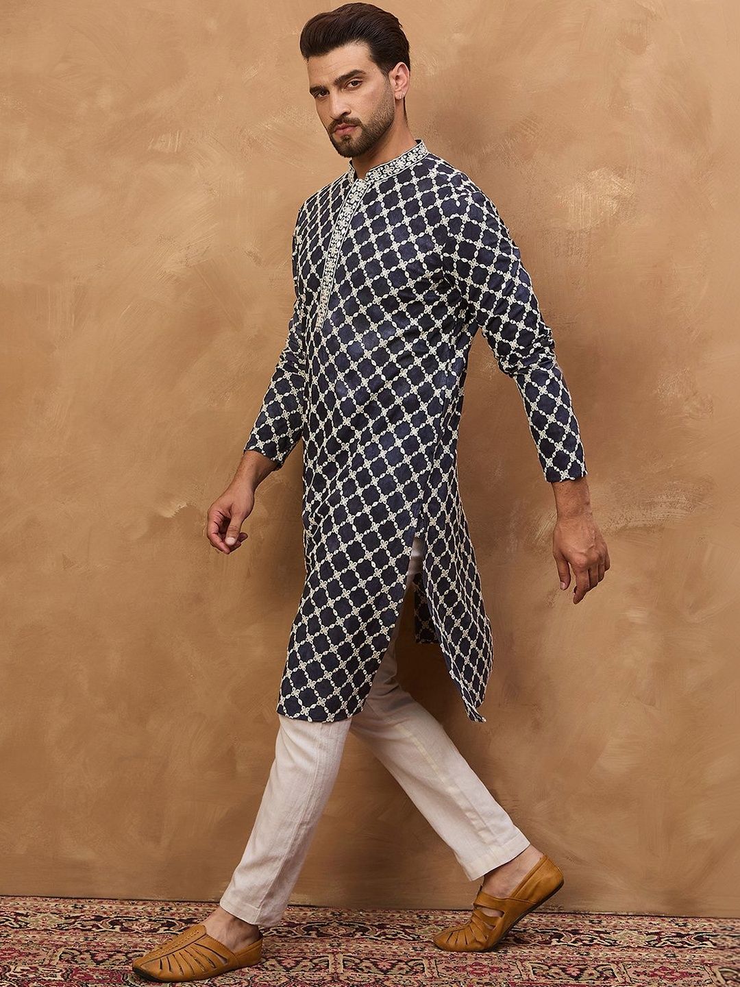 Ethnic Bay Men Blue Viscose Rayon Shibori Embroidered Straight Kurta With Pant Set-MKSET1534