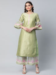 Light Green Poly Silk Gold Printed Kurta Palazzo Set-AHKUPZ-COMBO-428