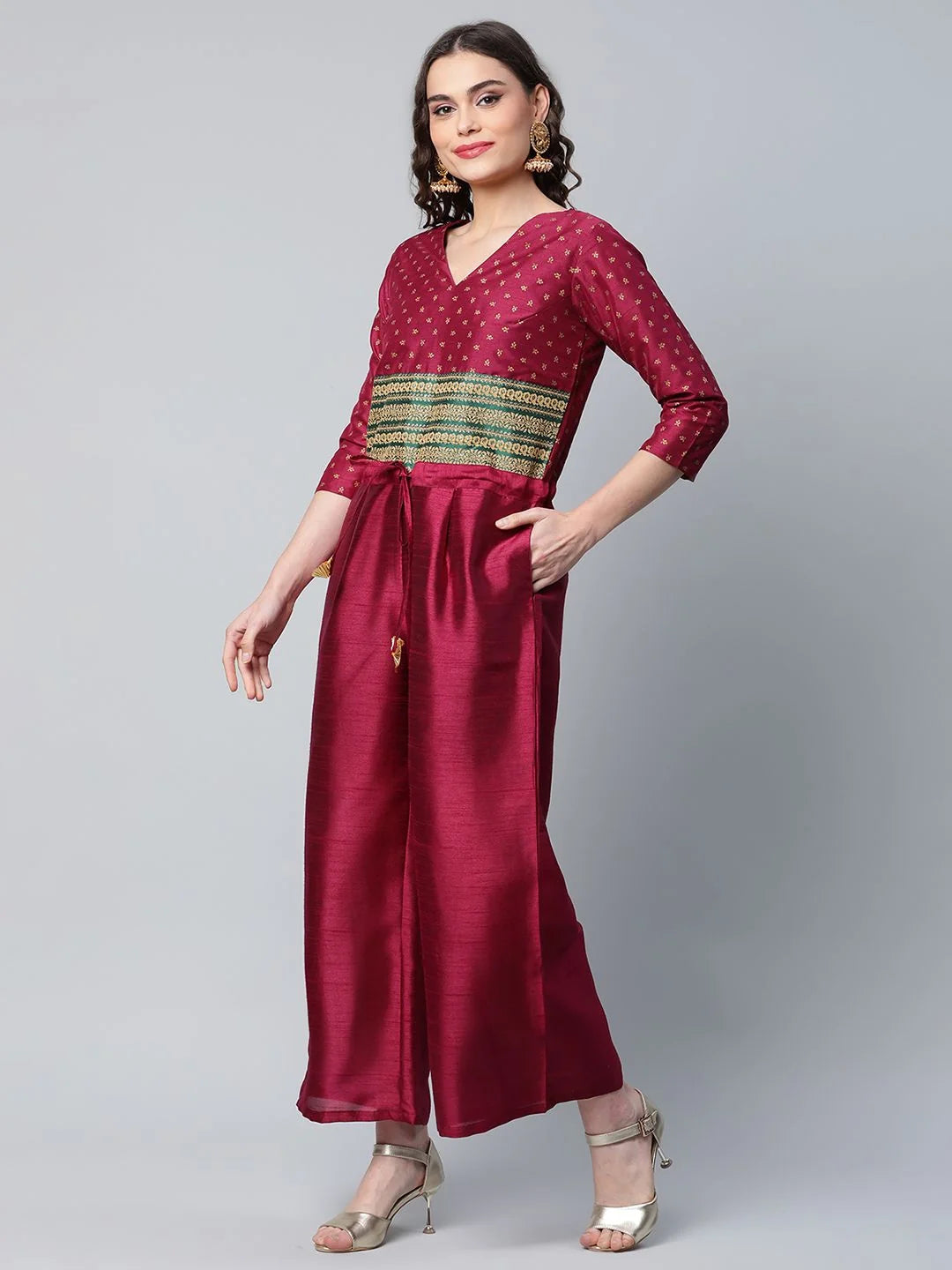 Burgundy Printed Jumpsuit: Women's Trendy One-Piece Outfit