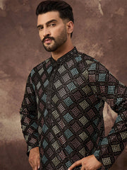 Ethnic Bay Men Black Silk Blend Solid Embroidered Straight Kurta With Pant Set-MKSET1384