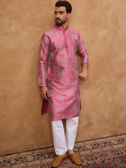 Ethnic Bay Men Pink Silk Blend Geometric Printed Straight Kurta With Pant Set-MKSET1526