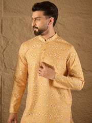 Ethnic Bay Men Yellow Silk Blend Ethnic Motif Embroidered Straight Kurta With Pant Set-MKSET1304