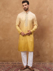 Ethnic Bay Men Yellow Silk Blend Solid Embroidered Straight Kurta With Pant Set-MKSET1486