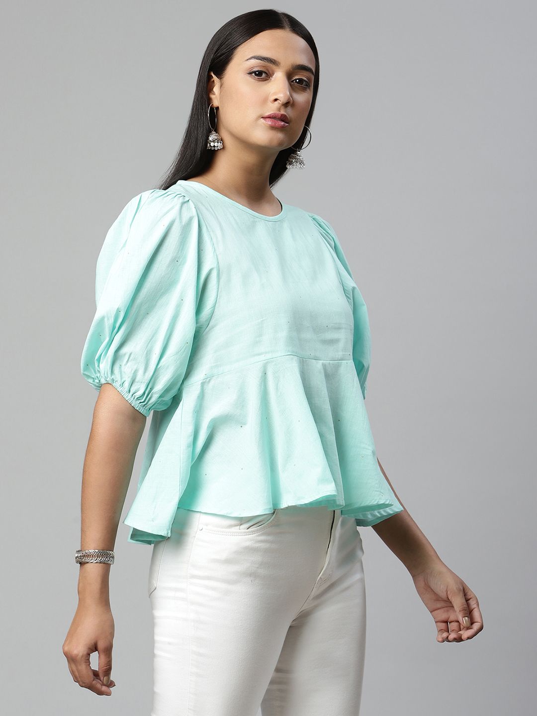 Light Blue Cotton Printed Tunic Top - Indian Kurtis for Women
