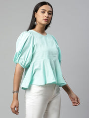 Light Blue Pure Cotton Printed Top-AHTUCOGL-8075