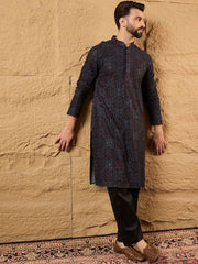 Ethnic Bay Mens Black Viscose Rayon Geometric Embroidered Chikankari Straight Kurta With Pant Set-MKSET1166