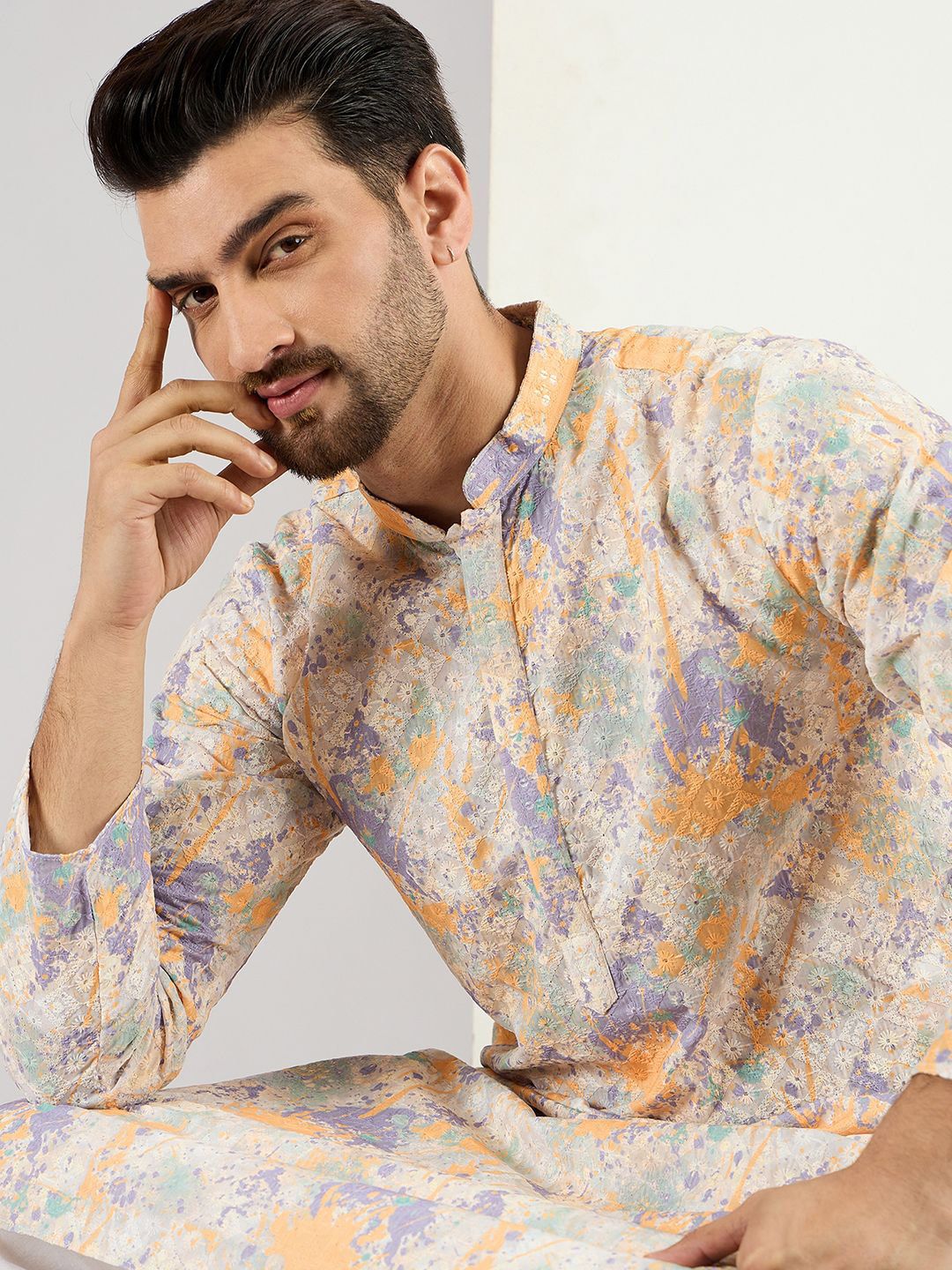 Ethnic Bay Men Off White Viscose Rayon Abstract Embroidered Straight Kurta With Pant Set-MKSET1063