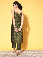 Olive Green Poly Silk Gold Printed Kurta Pant Set-AHKUPN-COMBO-495-FF