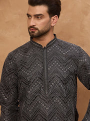 Ethnic Bay Men Black Silk Blend Geometric Printed Straight Kurta With Pant Set-MKSET1520