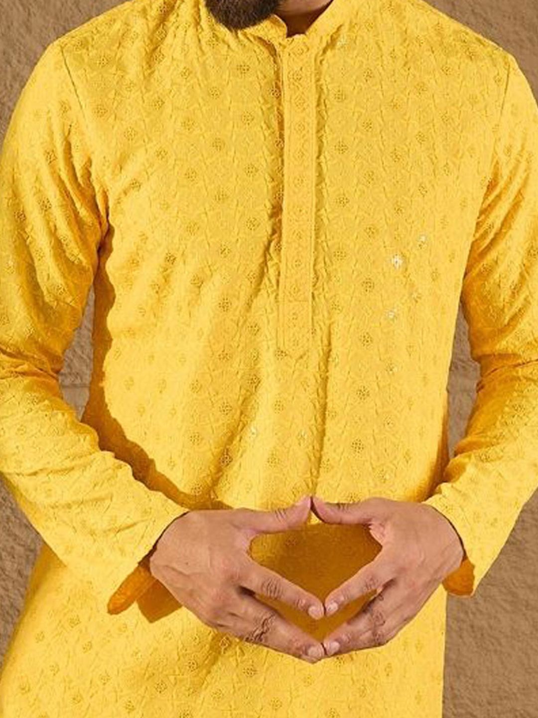 Ethnic Bay Men Yellow Viscose Rayon Solid Embroidered Straight Kurta With Pant Set-MKSET1222