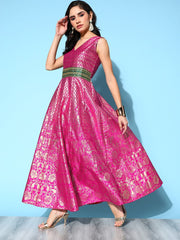 Pink Poly Silk Gold Foil Printed Dress-AHDRPSFP-929-FF