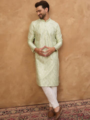 Ethnic Bay Men Peach Silk Blend Solid Embroidered Straight Kurta With Pant Set-MKSET1445
