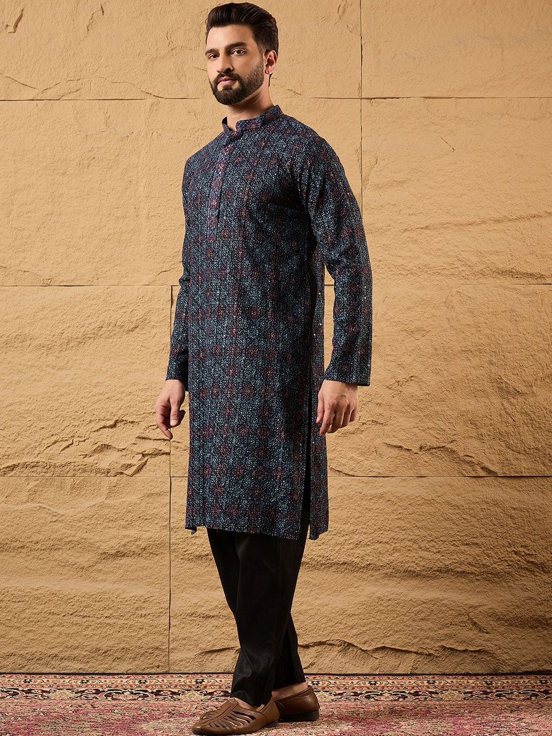 Ethnic Bay Mens Blue Viscose Rayon Abstract Embroidered Chikankari Straight Kurta With Pant Set-MKSET1172