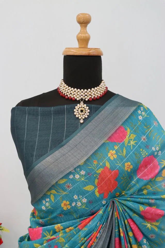 Linen Digital Print Sky Blue Saree With Unstiched Blouse Piece