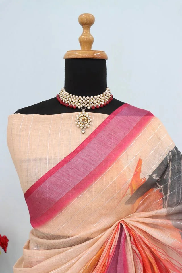 Linen Digital Print Cream Saree With Unstiched Blouse Piece