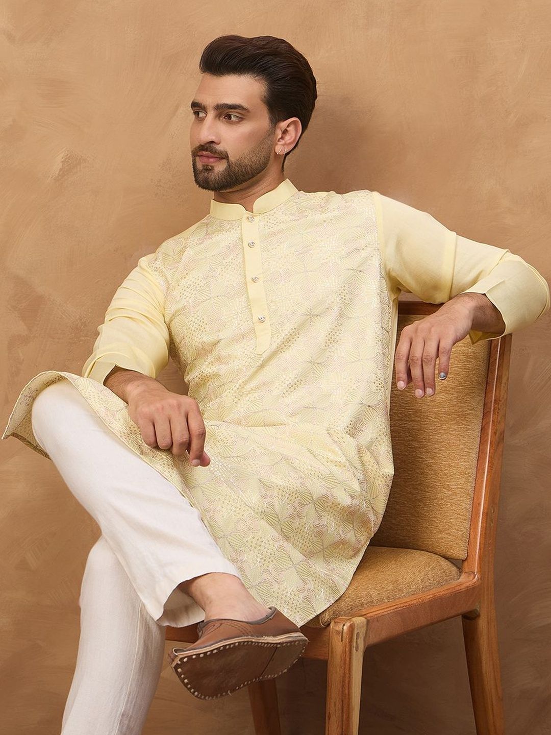 Ethnic Bay Men Yellow Silk Blend Solid Embroidered Straight Kurta With Pant Set-MKSET1467