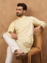 Ethnic Bay Men Yellow Silk Blend Solid Embroidered Straight Kurta With Pant Set-MKSET1467