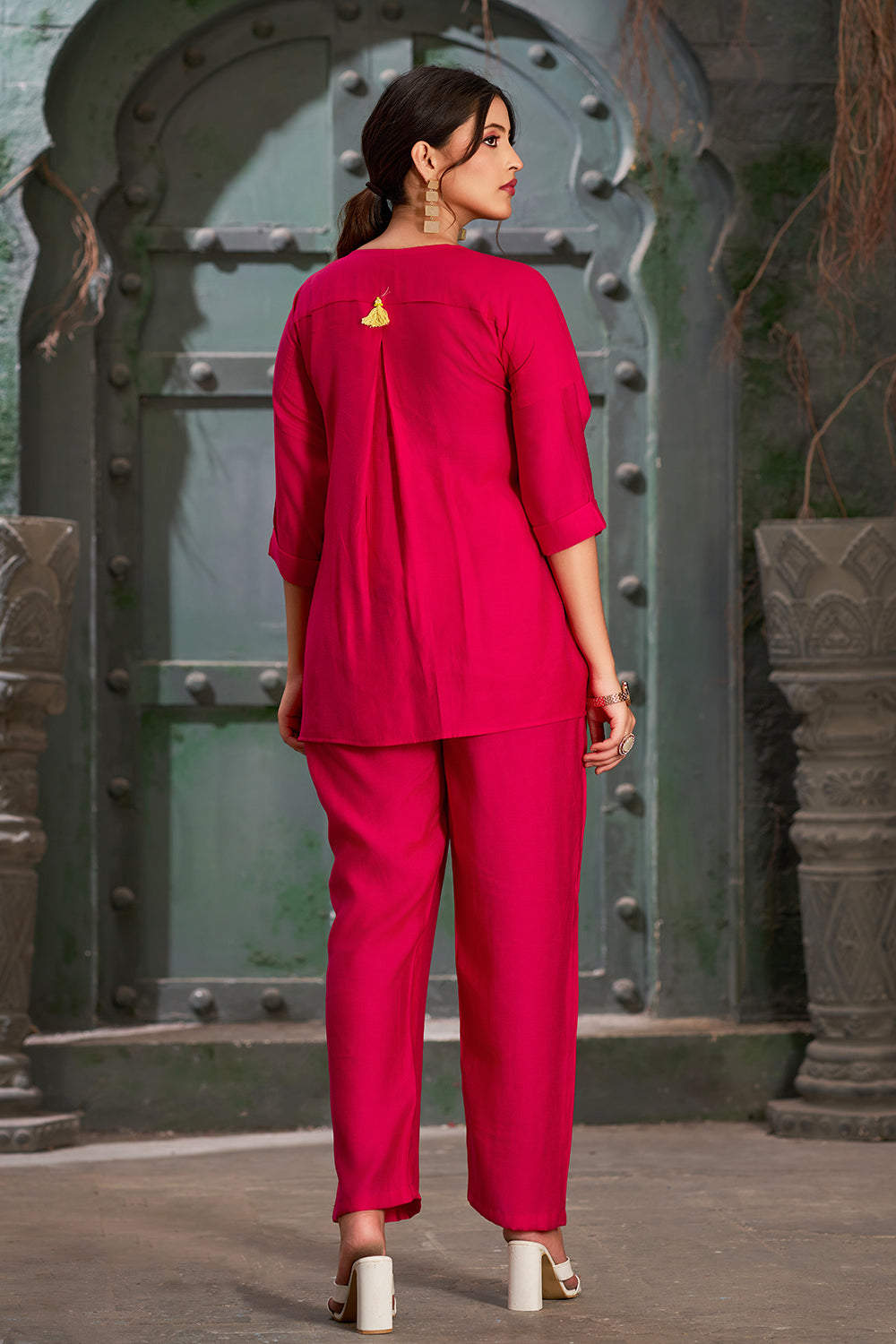 Plus Size Hot Pink Silk Cotton Round V-Neck Co-Ord Set