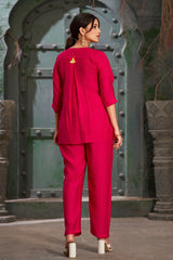Plus Size Hot Pink Silk Cotton Round V-Neck Co-Ord Set-CL-EW-2013