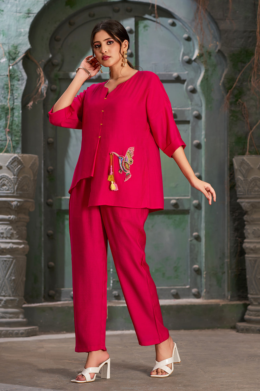 Plus Size Hot Pink Silk Cotton Round V-Neck Co-Ord Set