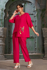Plus Size Hot Pink Silk Cotton Round V-Neck Co-Ord Set-CL-EW-2013