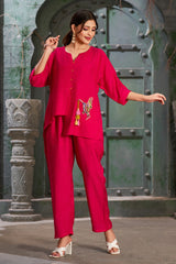 Plus Size Hot Pink Silk Cotton Round V-Neck Co-Ord Set-CL-EW-2013