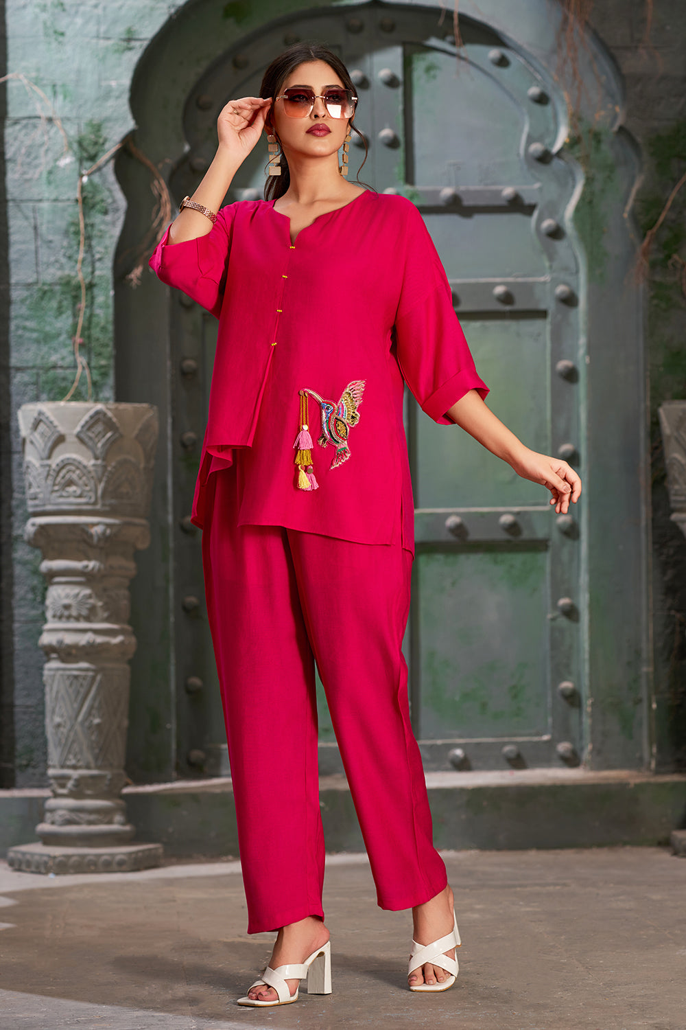 Plus Size Hot Pink Silk Cotton Round V-Neck Co-Ord Set