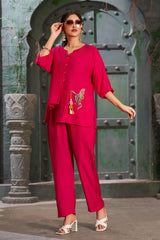 Plus Size Hot Pink Silk Cotton Round V-Neck Co-Ord Set-CL-EW-2013