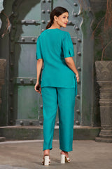 Plus Size Cerulean Silk Cotton Solid Asymmetric Co-Ord Set-CL-EW-2014