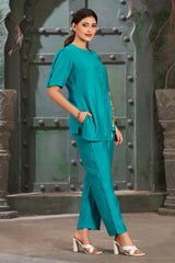 Plus Size Cerulean Silk Cotton Solid Asymmetric Co-Ord Set-CL-EW-2014