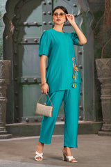 Plus Size Cerulean Silk Cotton Solid Asymmetric Co-Ord Set-CL-EW-2014