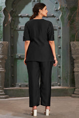 Plus Size Black Silk Cotton Solid Asymmetric Co-Ord Set-CL-EW-2015-B