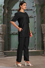 Plus Size Black Silk Cotton Solid Asymmetric Co-Ord Set-CL-EW-2015-B