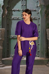 Plus Size Purple Silk Cotton Solid Asymmetric Co-Ord Set-CL-EW-2015