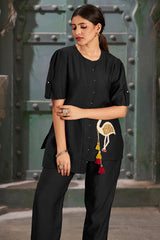 Plus Size Black Silk Cotton Solid Asymmetric Co-Ord Set-CL-EW-2015-B