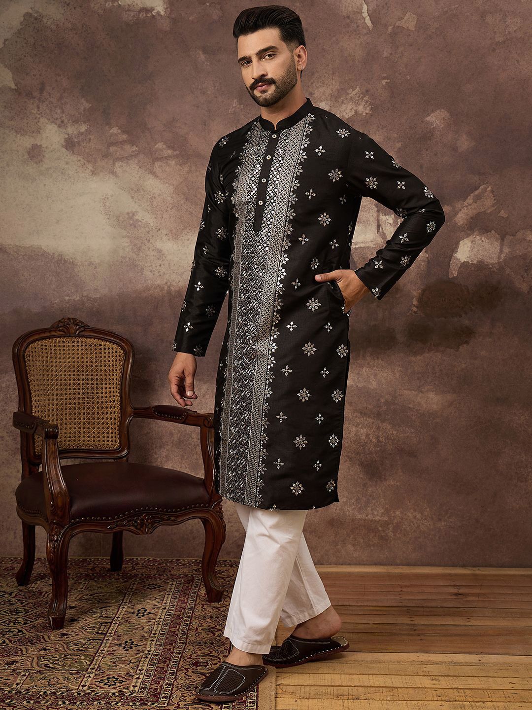 Ethnic Bay Men Black Silk Blend Solid Embroidered Straight Kurta With Pant Set-MKSET1370