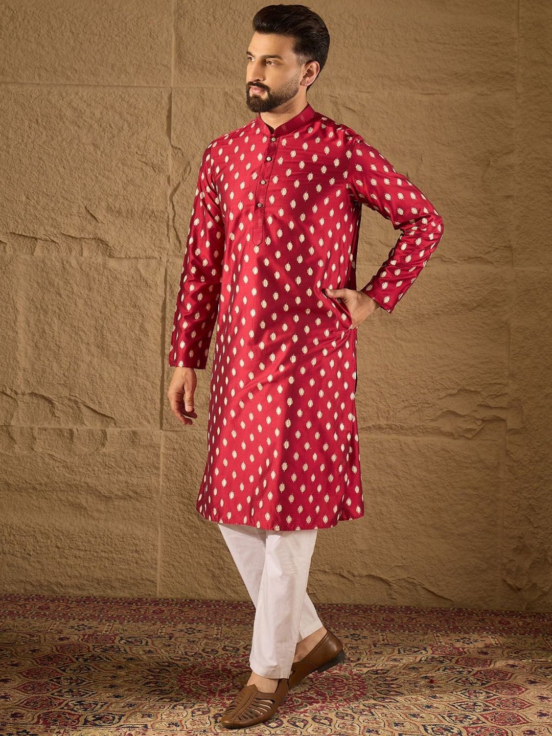 Ethnic Bay Men Maroon Silk Ikat Printed Straight Kurta With Pant Set-MKSET1281