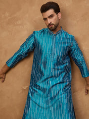 Ethnic Bay Men Blue Silk Blend Geometric Printed Straight Kurta With Pant Set-MKSET1519